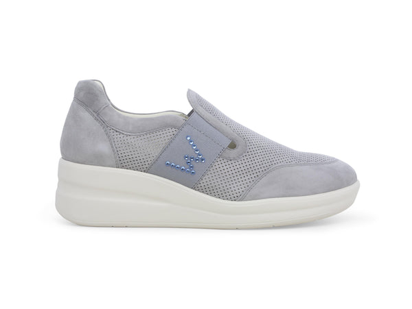 Melluso Slip-on Donna Zeppa Camoscio Grigio Jeans Traforata Logo Strass Blu Jeans R20255Z-243411